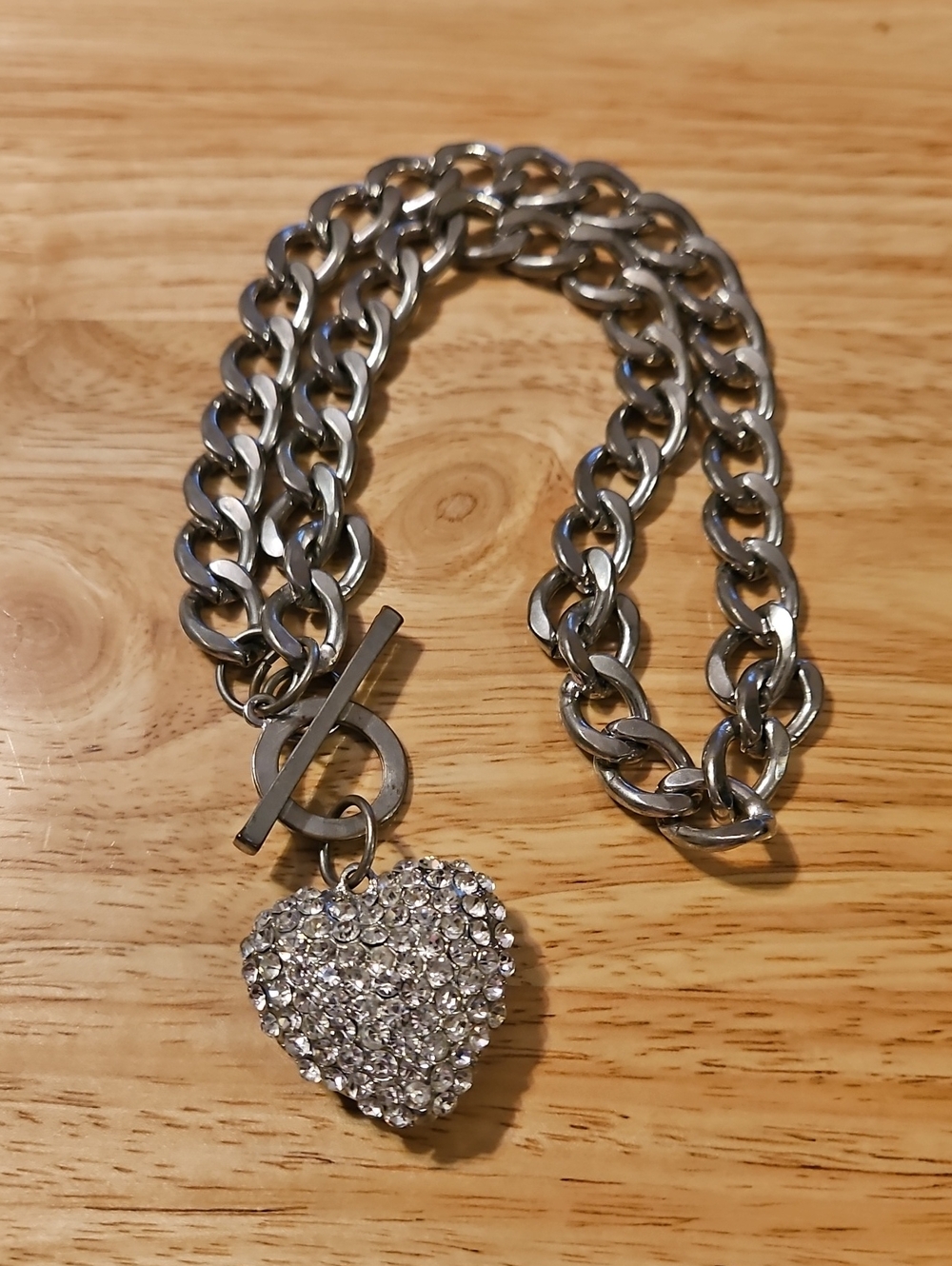 Silver Crystal Heart Pendant Chain Togle Necklace